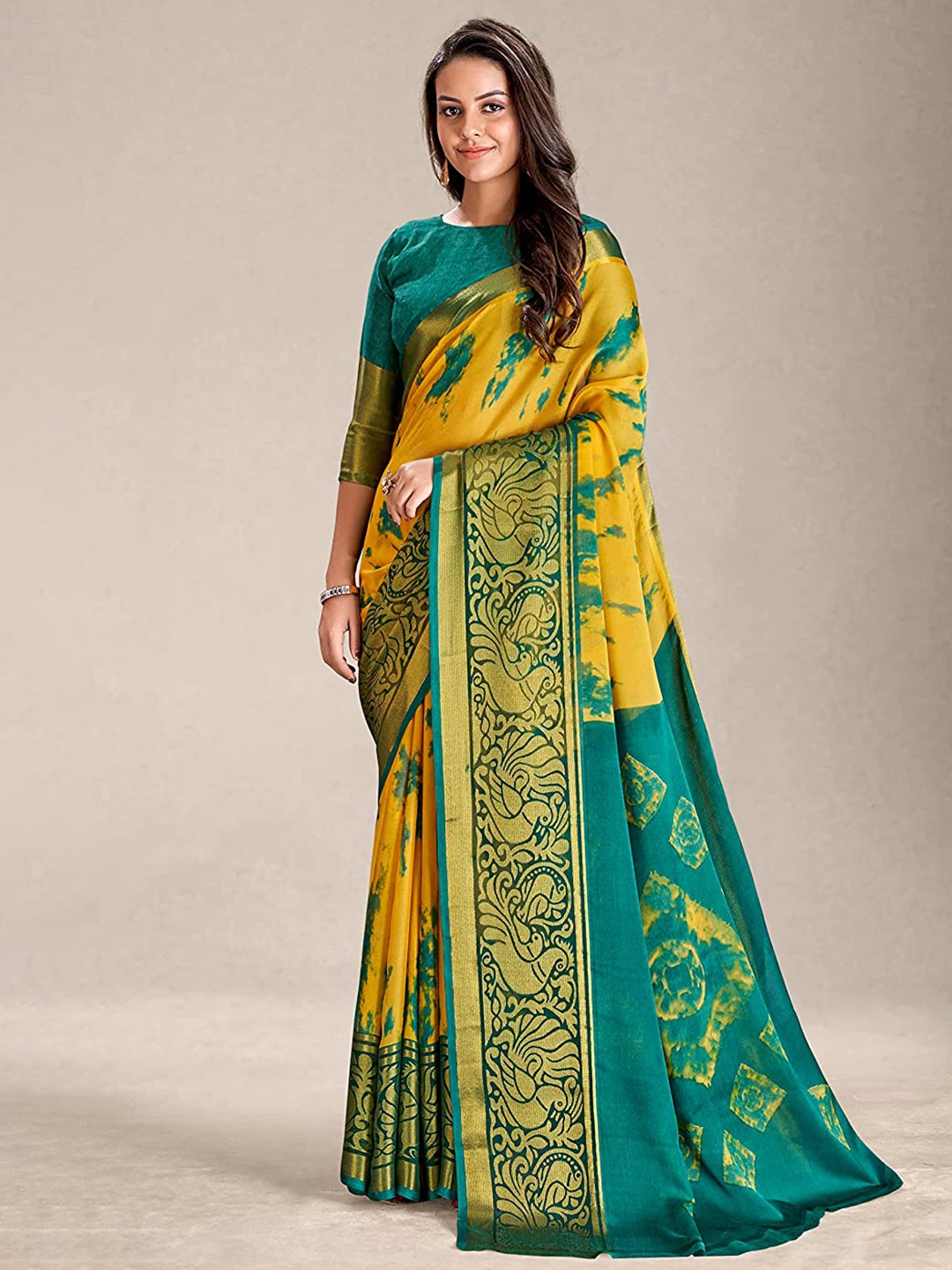 

Mitera Abstract Printed Zari Detail Saree, Yellow