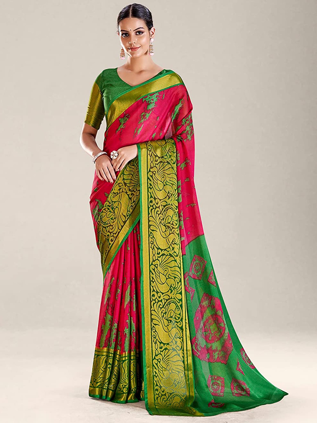 

Mitera Abstract Printed Zari Detail Saree, Pink