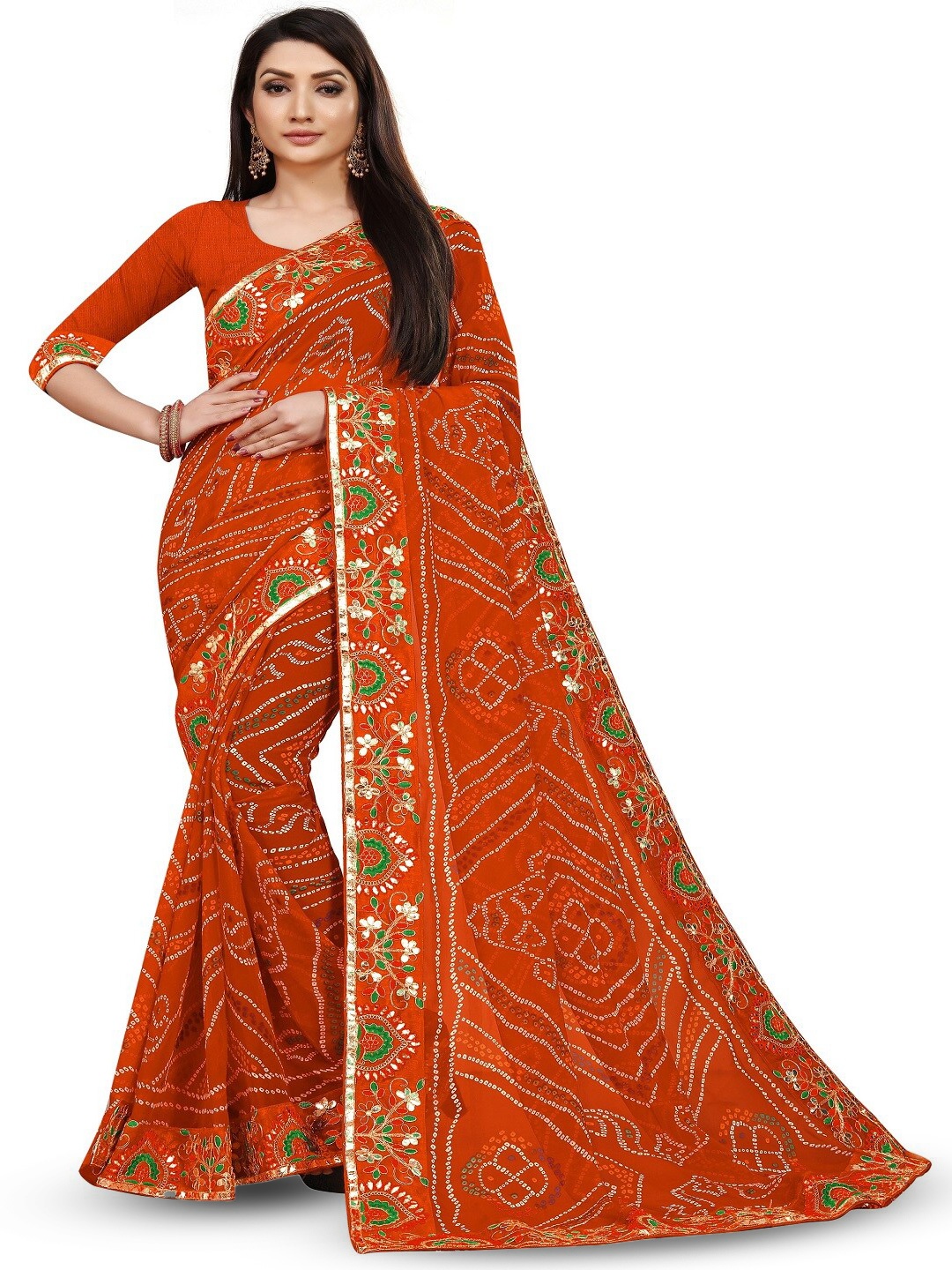 

IndianRang Bandhani Printed Embroidered Ready To Wear Saree, Orange