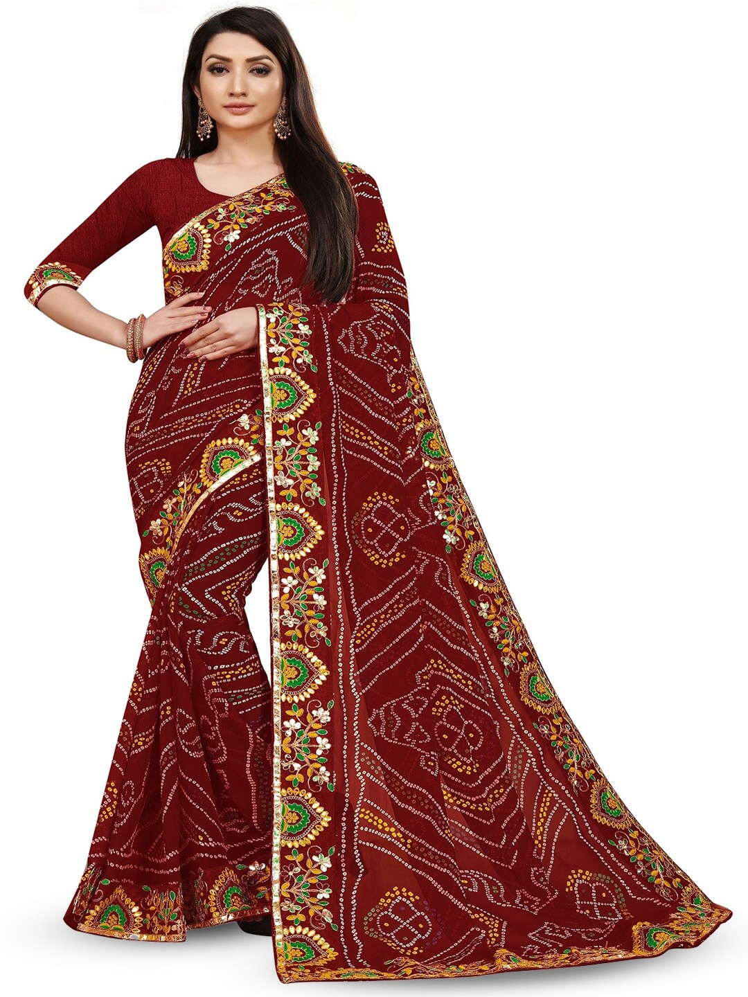 

IndianRang Bandhani Printed Embroidered Ready To Wear Saree, Maroon