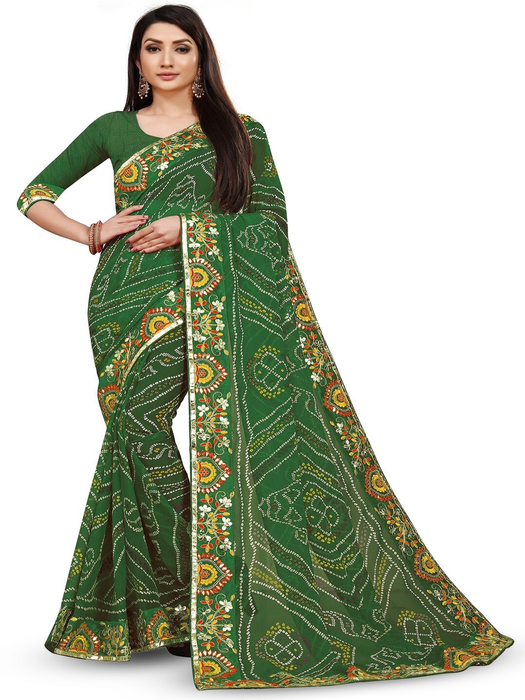 

IndianRang Bandhani Printed Embroidered Ready To Wear Saree, Green