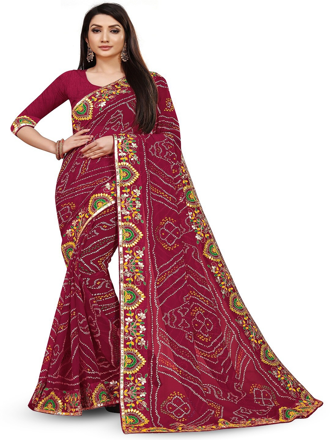 

IndianRang Bandhani Printed Embroidered Ready To Wear Saree, Pink