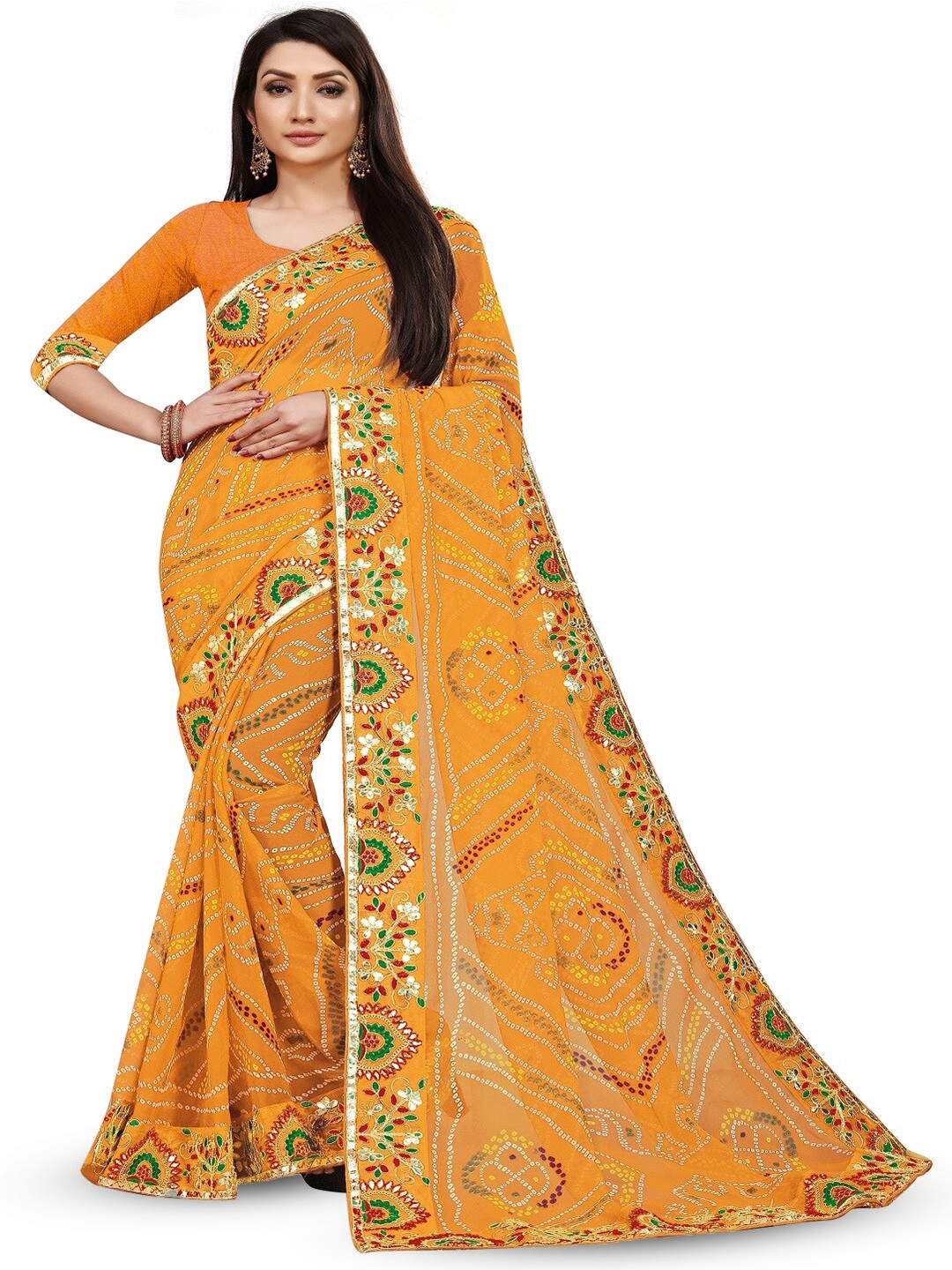 

IndianRang Bandhani Printed Embroidered Ready To Wear Saree, Yellow