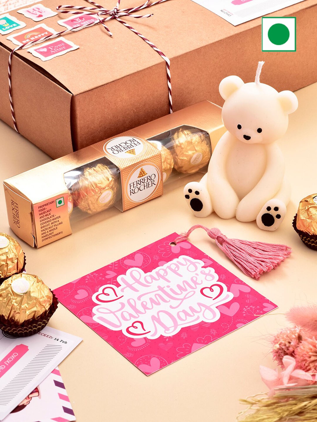 

RawFruit Teddy Candle With Ferrero Rocher & Valentines Day Greeting Card, Gold