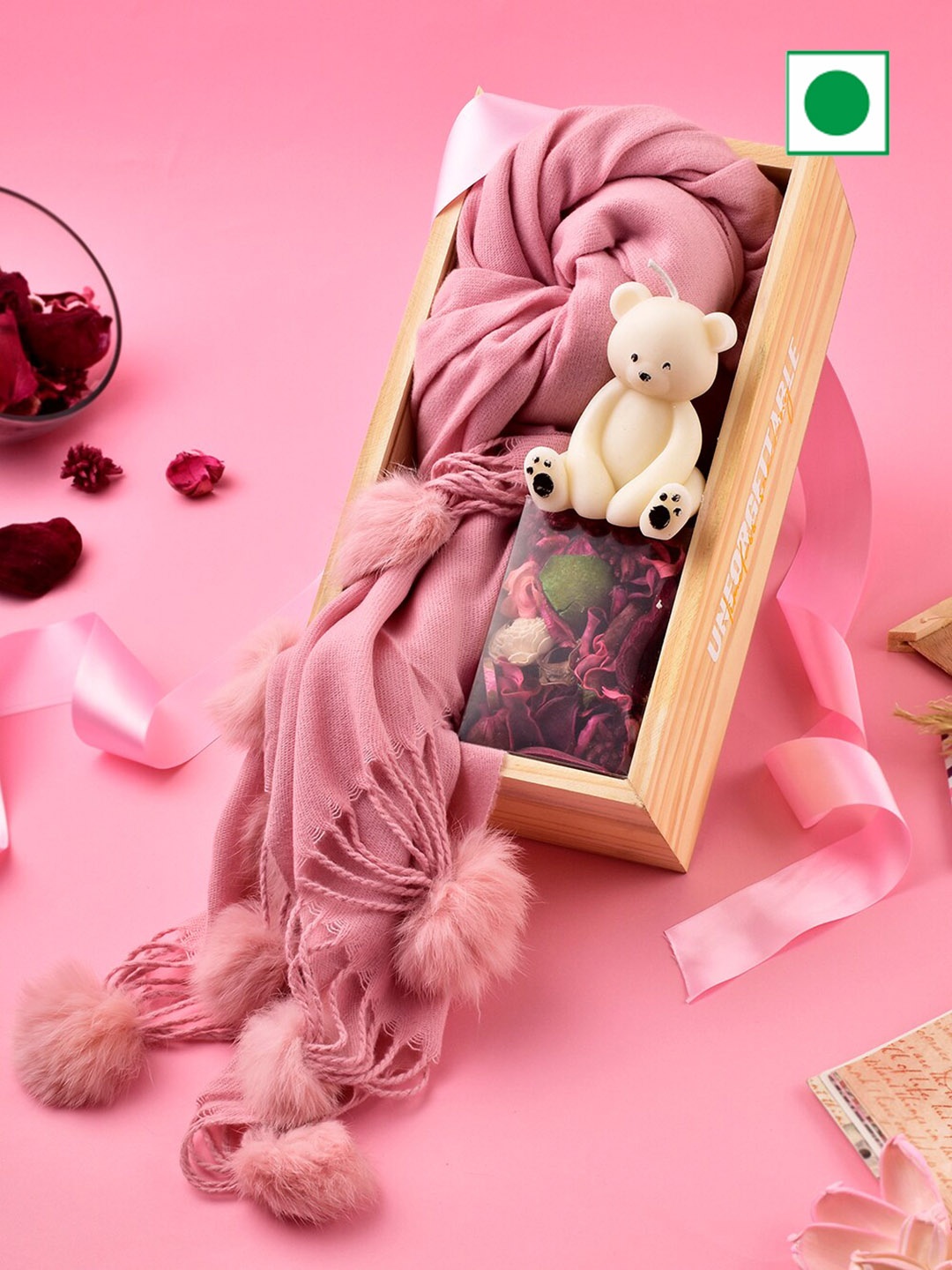 

RawFruit Peach 4 Piece Teddy Candle With Potpurri & Shawl & Valentines Day Greeting Card