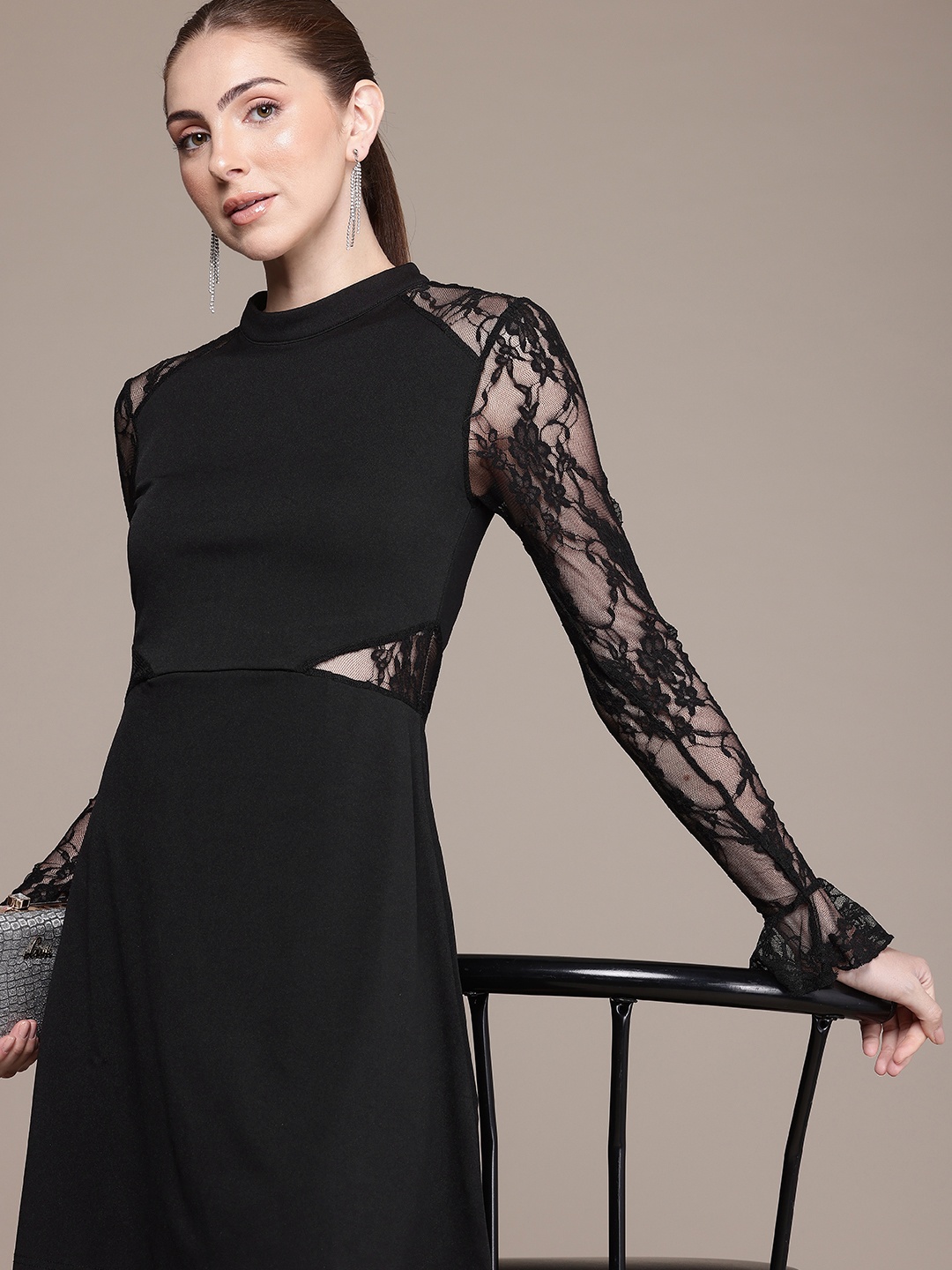 

bebe Lace Detailed A-Line Mini Dress, Black