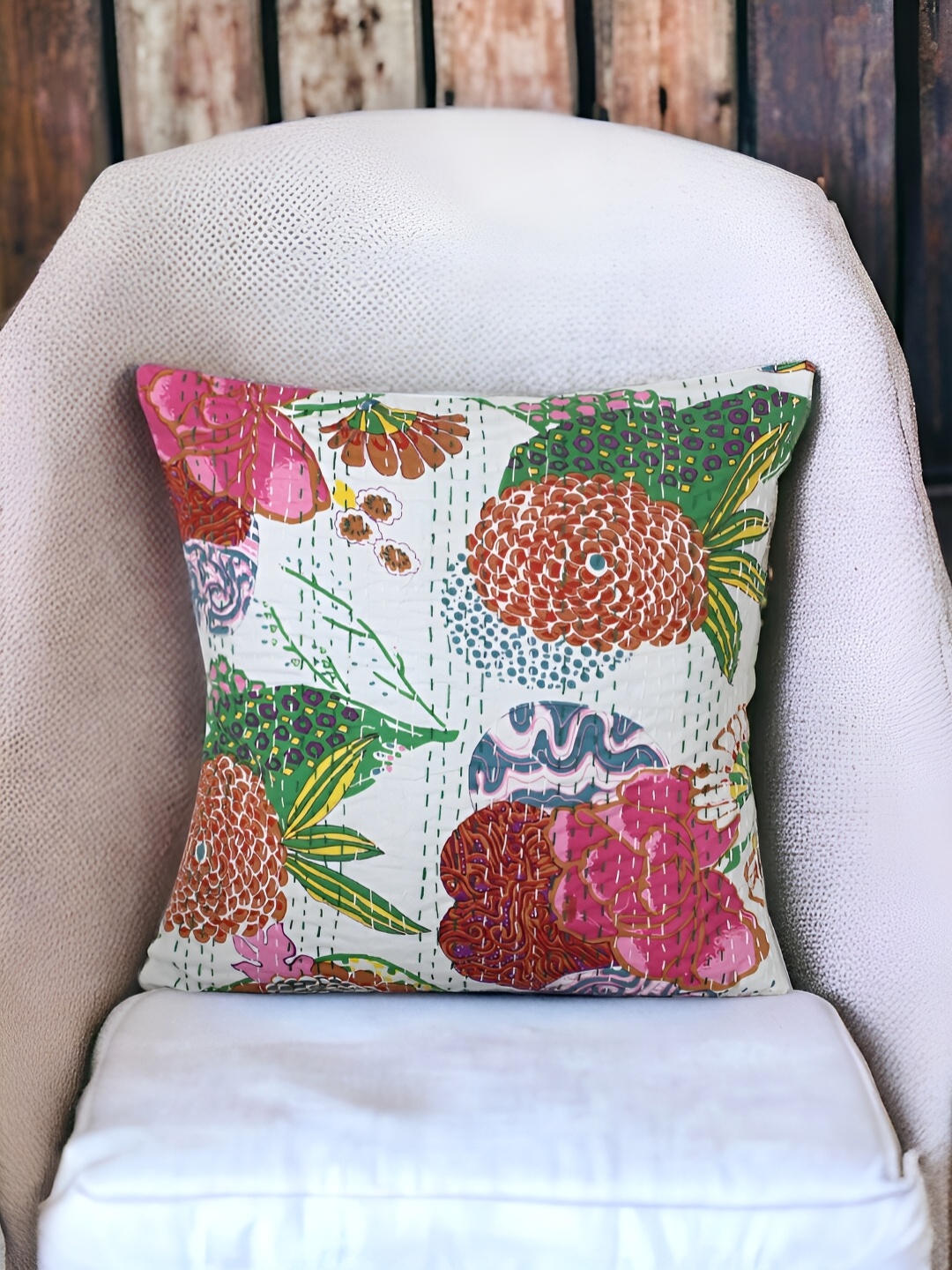 

Bohekant White & Red Floral Printed Embroidered Square Pure Cotton Cushion Cover