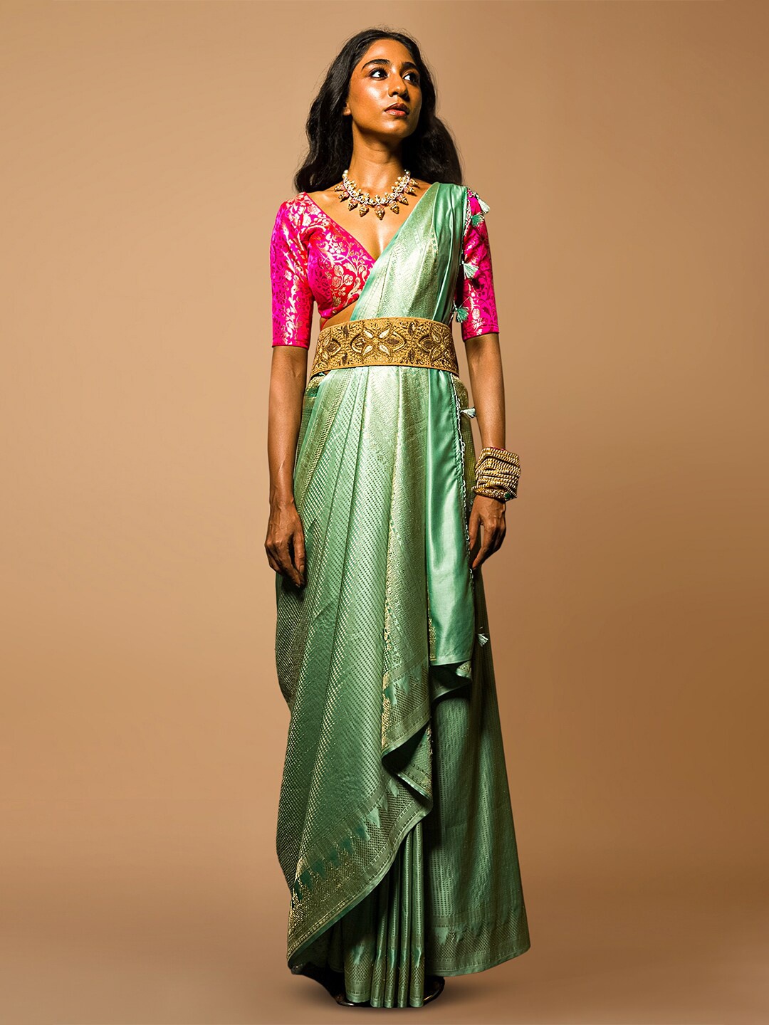 

saree.com Ethnic Motifs Woven Design Zari Silk Blend Banarasi Saree, Green