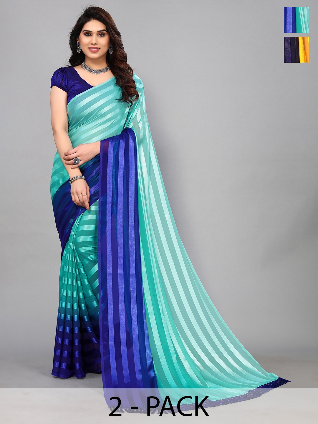 

ANAND SAREES Striped Satin Saree, Blue