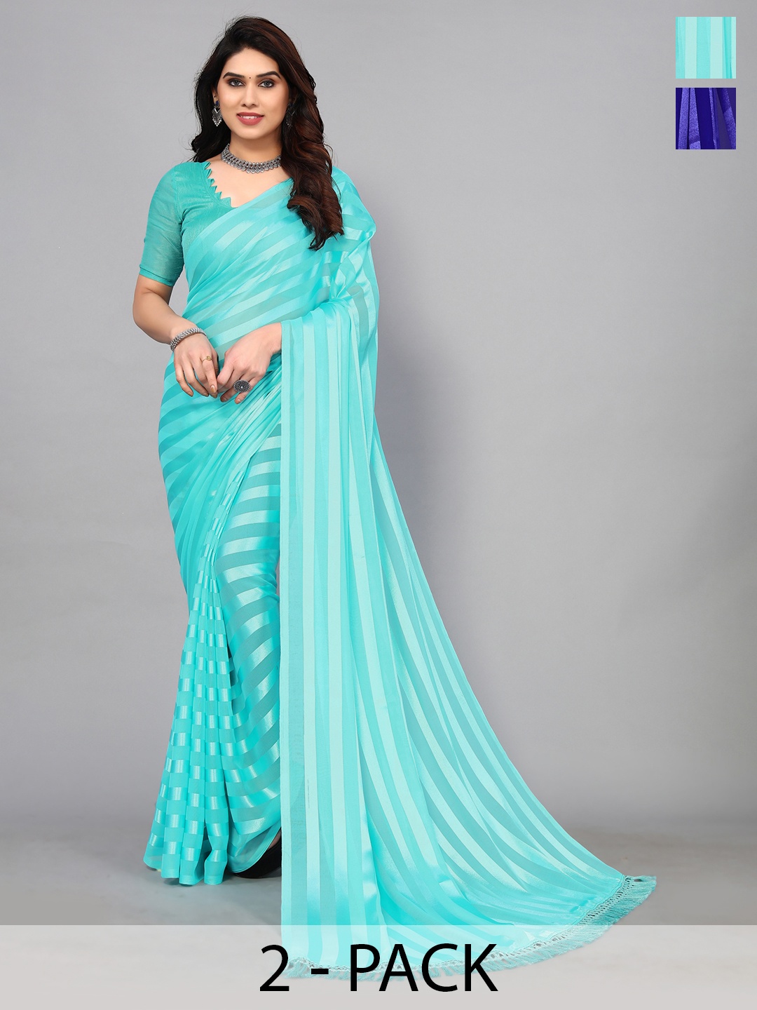

ANAND SAREES Striped Satin Saree, Blue