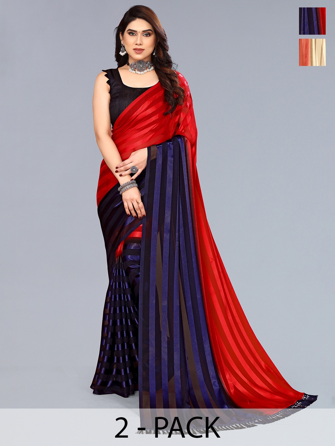

ANAND SAREES Striped Satin Saree, Red