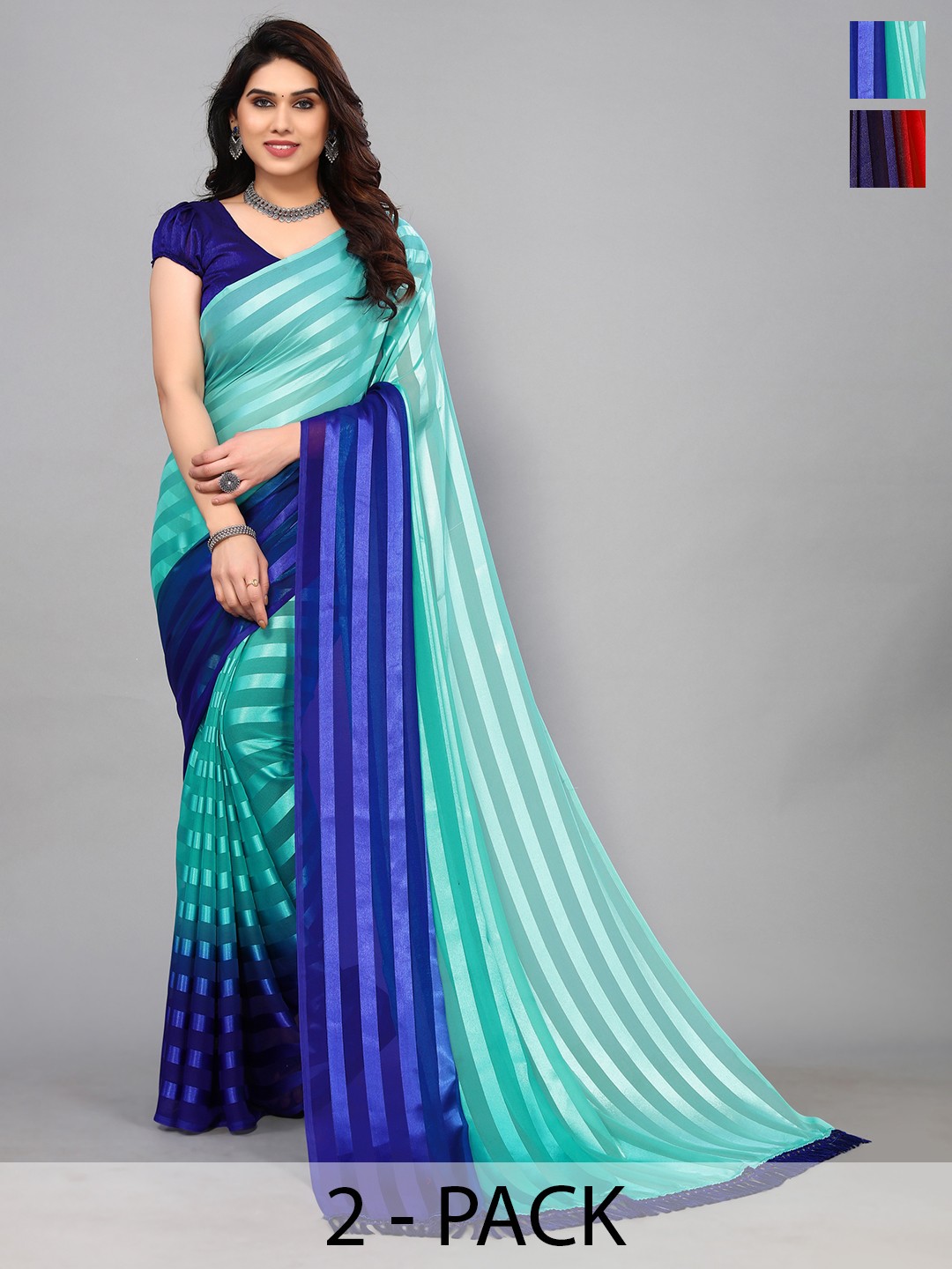 

ANAND SAREES Striped Satin Saree, Blue