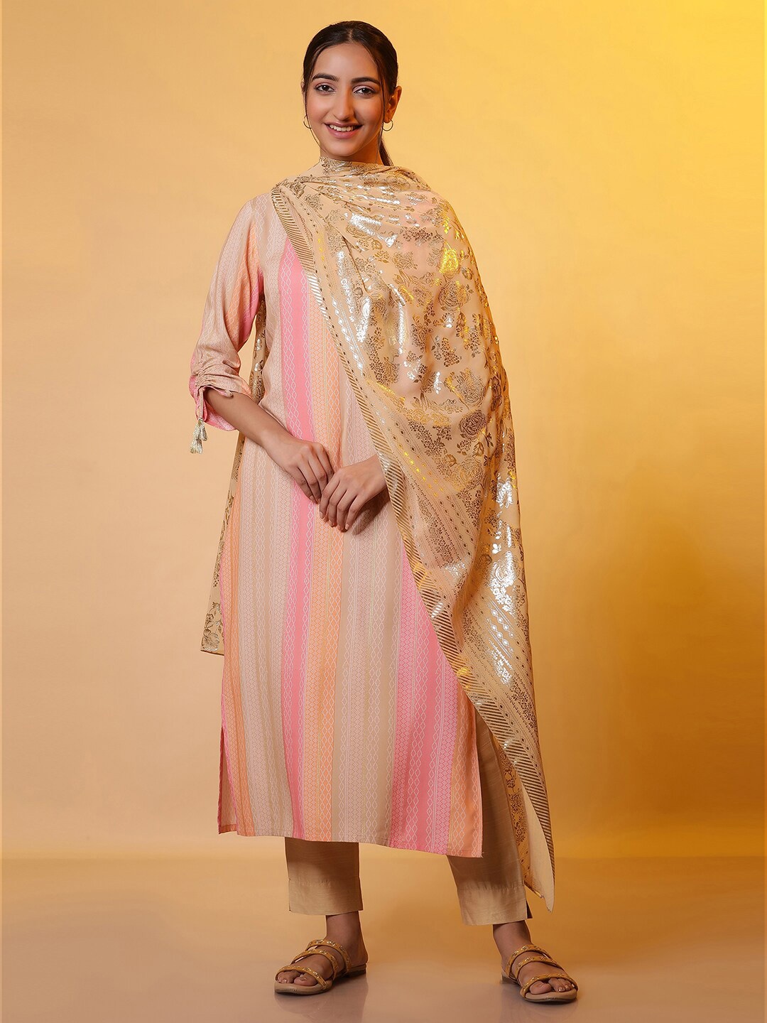 

AURELIA Floral Printed Dupatta, Gold