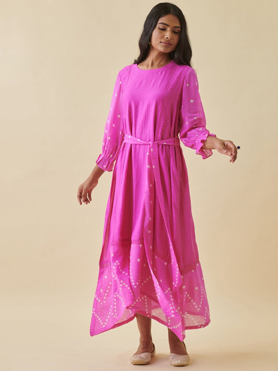 

Prakriti Jaipur Bandhani Printed Puff Sleeve Cotton A-Line Midi Dress, Pink