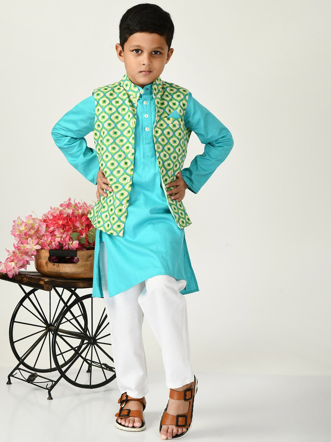 

BAESD Boys Pure Cotton Straight Kurta With Trouser & Nehru jacket, Blue