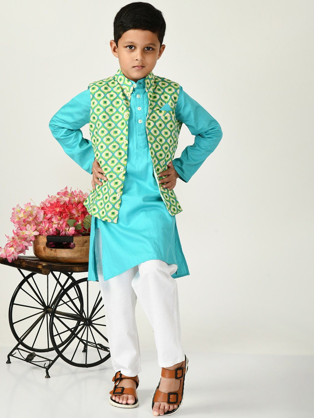 

BAESD Boys Mandarin Collar Long Sleeves Pure Cotton Kurta with Trousers, Blue