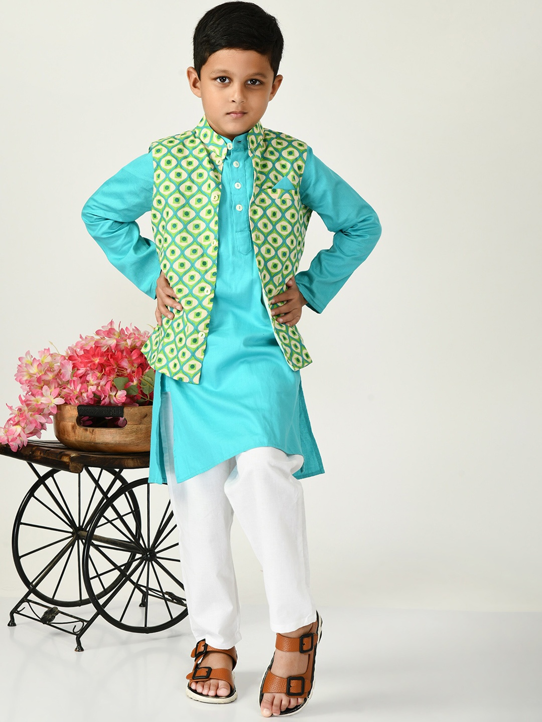 

BAESD Boys Pure Cotton Straight Kurta With Trouser & Nehru jacket, Blue
