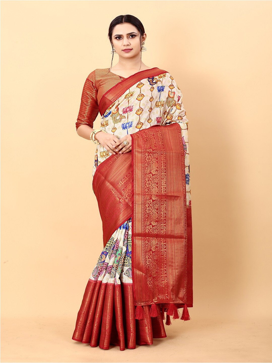 

faxofab Ethnic Motifs Woven Design Zari Saree, Cream