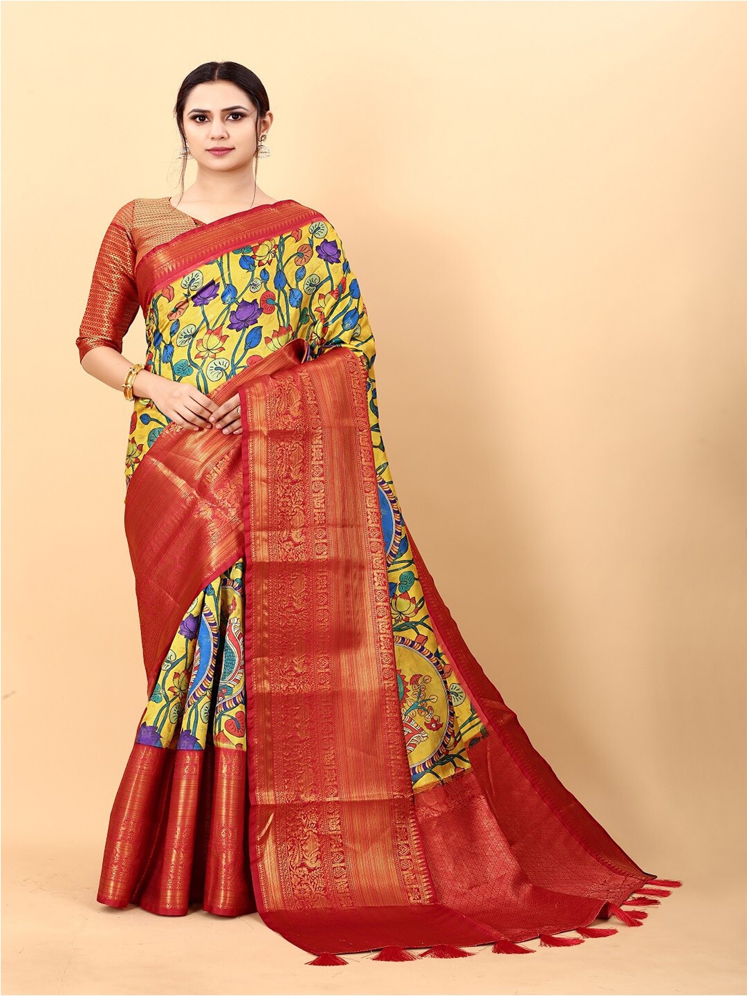 

faxofab Ethnic Motifs Woven Design Zari Saree, Yellow