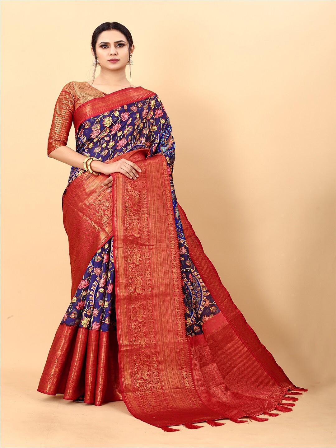 

faxofab Ethnic Motifs Woven Design Zari Saree, Blue