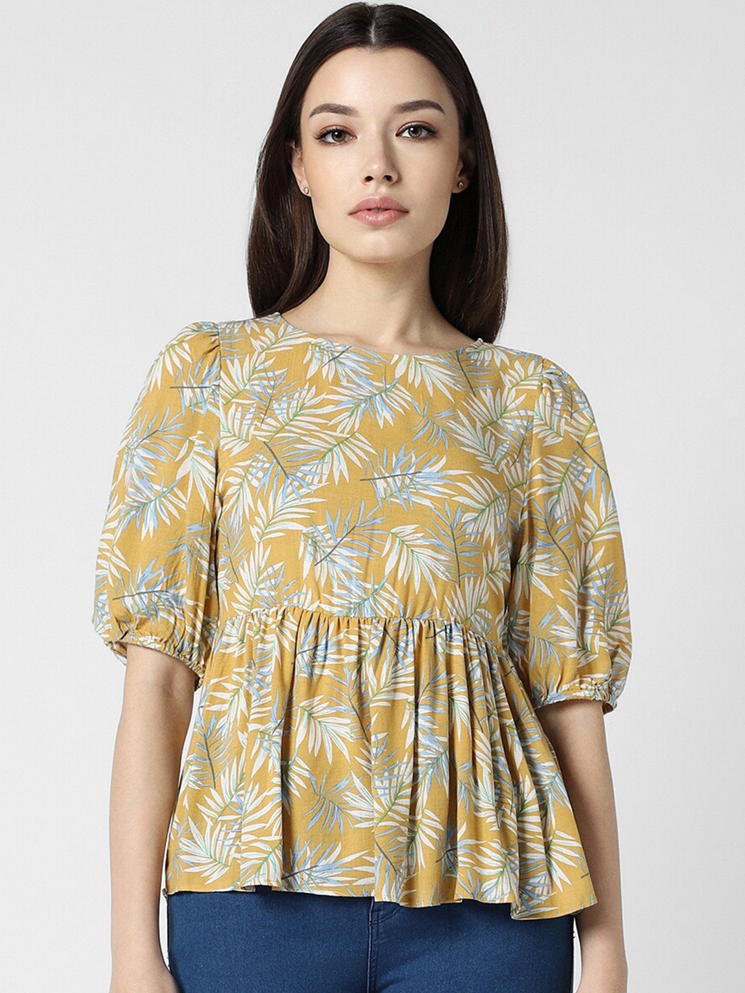 

Van Heusen Woman Tropical Printed Puff Sleeves Round Neck A-Line Top, Yellow