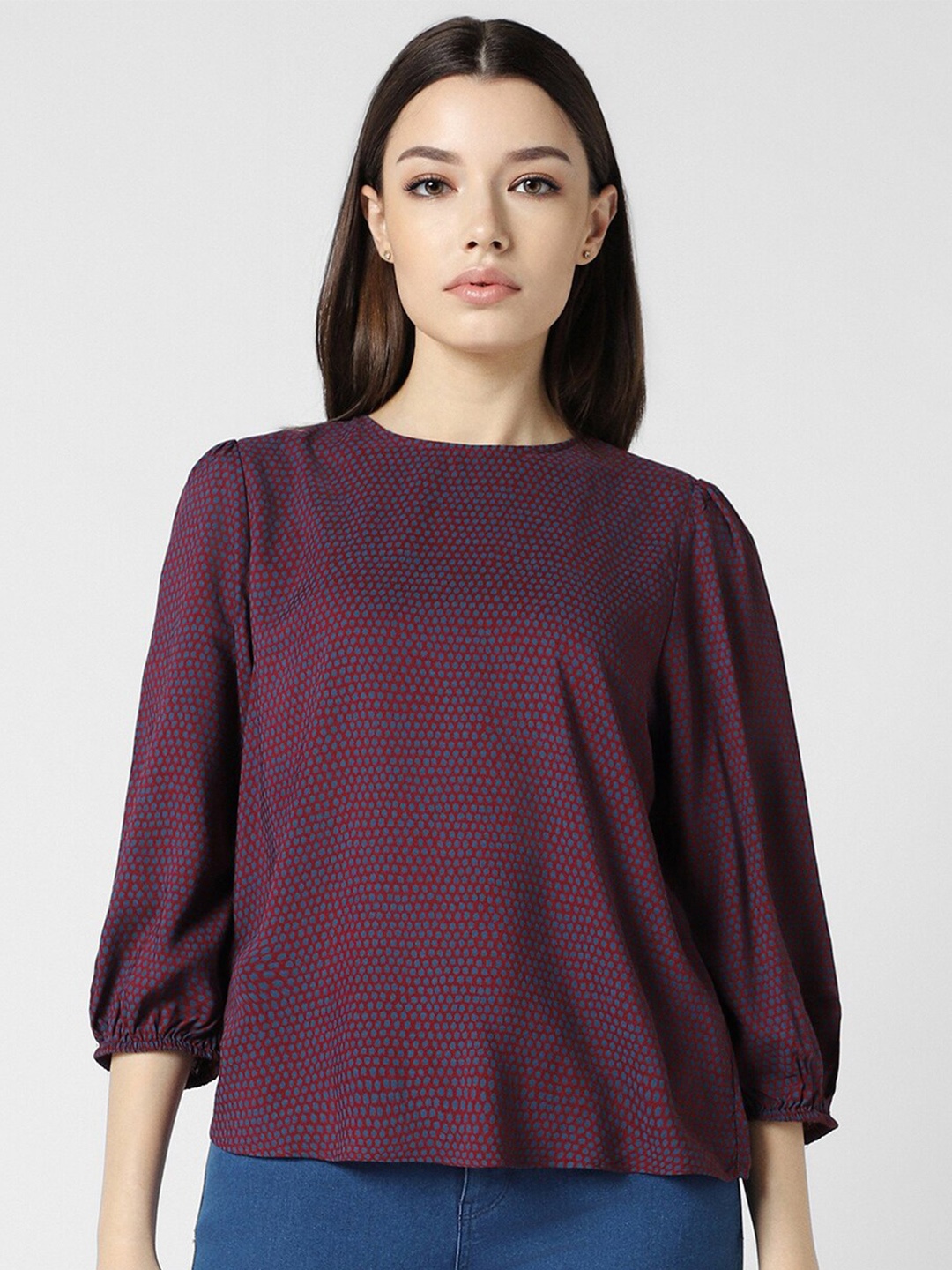 

Van Heusen Woman Geometric Printed Puff Sleeve Top, Maroon
