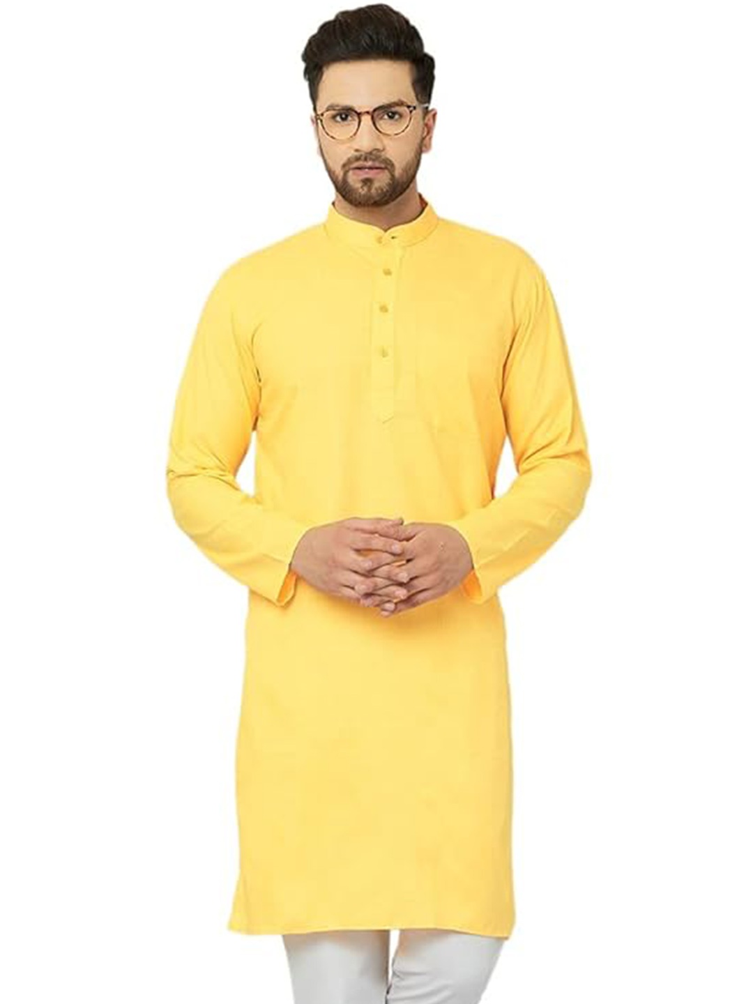 

GAINELL Mandarin Collar Long Sleeves Cotton Straight Kurta, Yellow