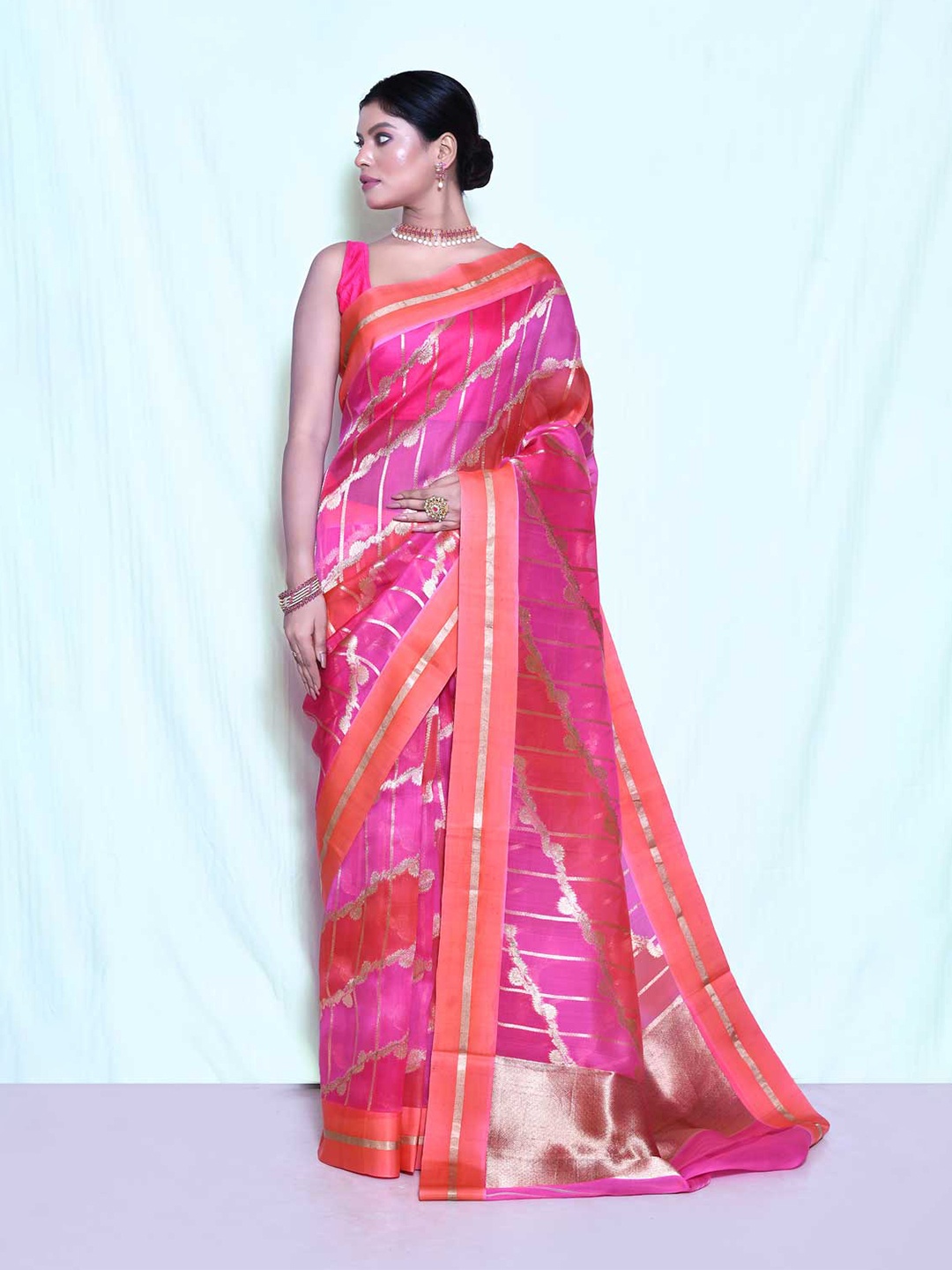 

Rasm by Muskaan Striped Woven Design Zari Organza Banarasi Saree, Pink