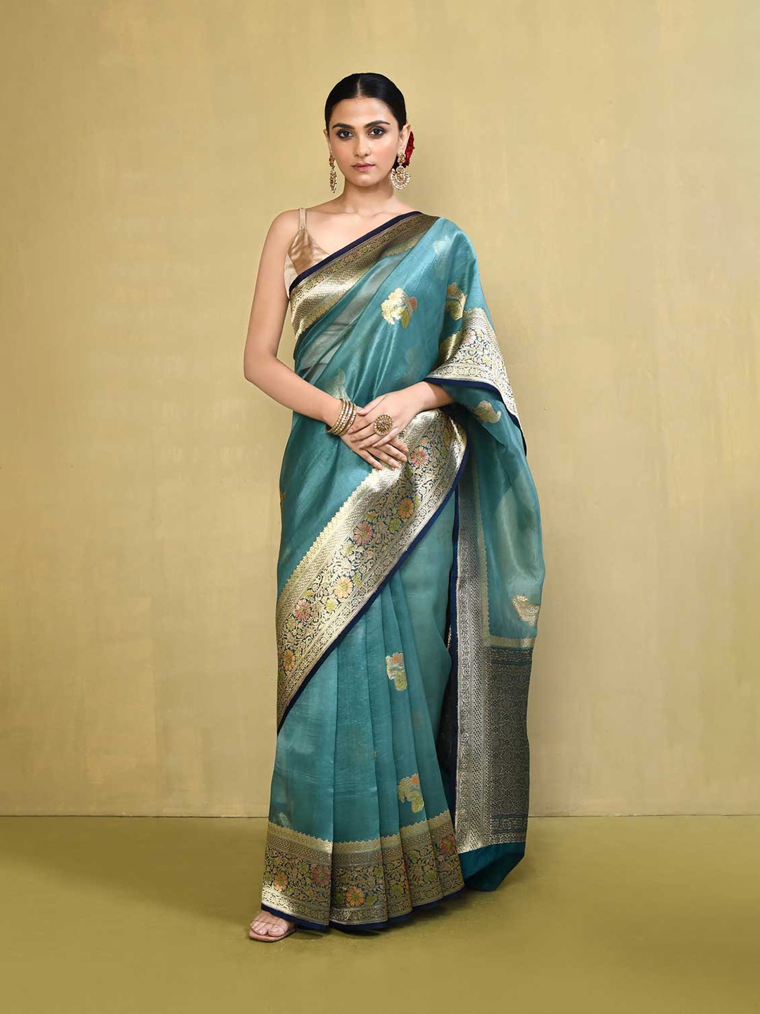 

Rasm by Muskaan Ethnic Motifs Woven Design Zari Organza Banarasi Saree, Green