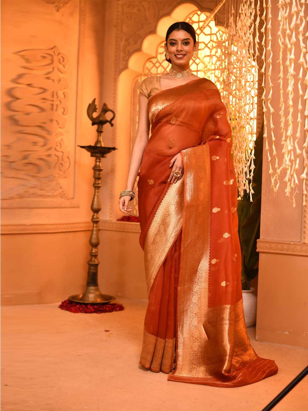 

Rasm by Muskaan Woven Design Zari Organza Banarasi Saree, Brown
