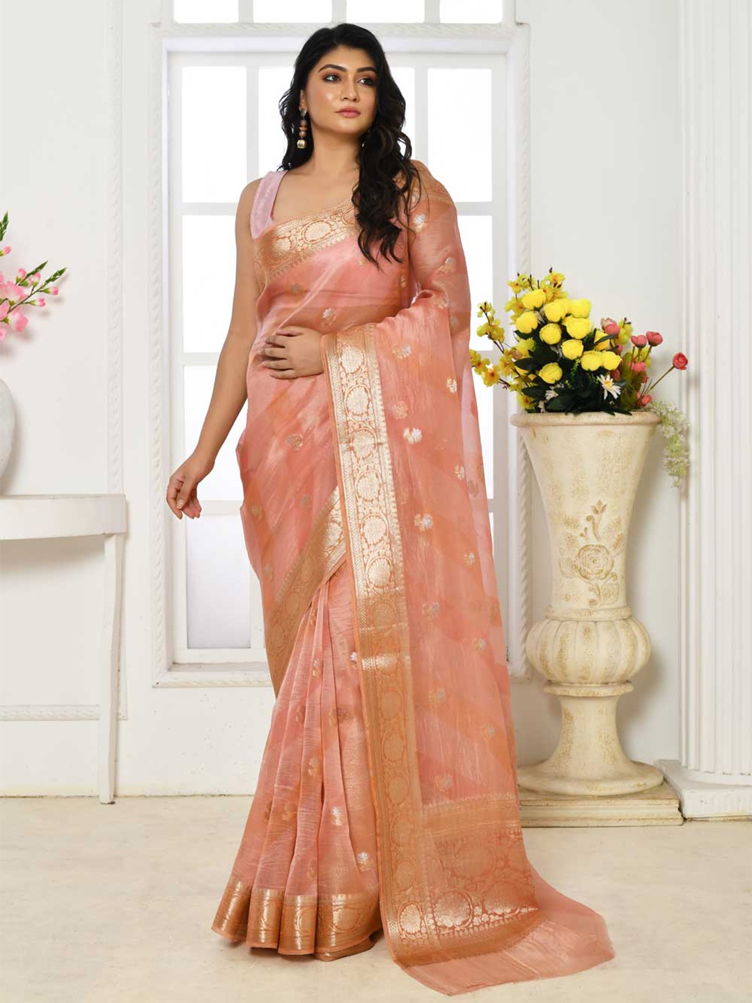 

Rasm by Muskaan Ethnic Motifs Woven Design Zari Organza Banarasi Saree, Peach