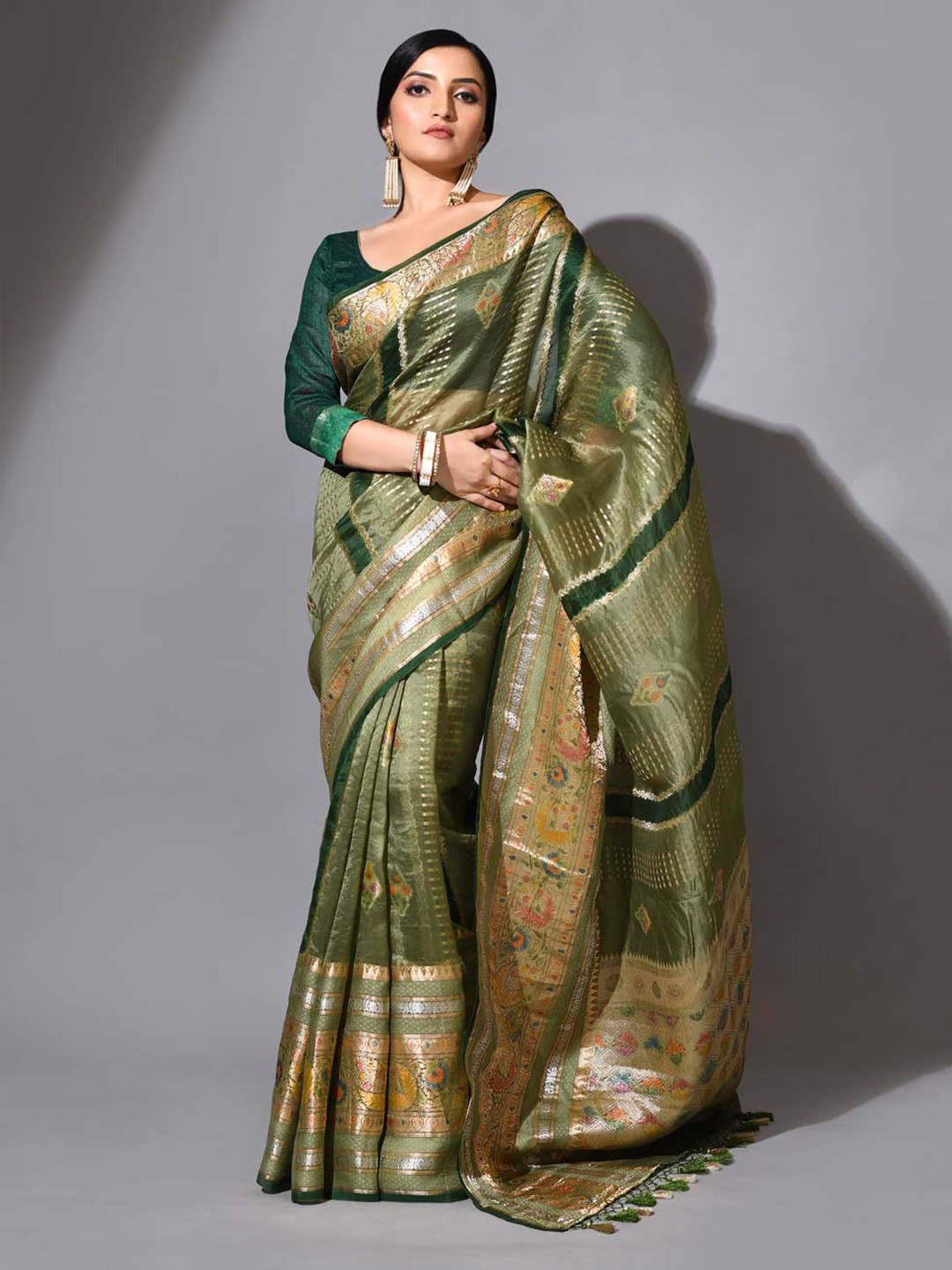 

Rasm by Muskaan Woven Design Zari Organza Banarasi Saree, Olive