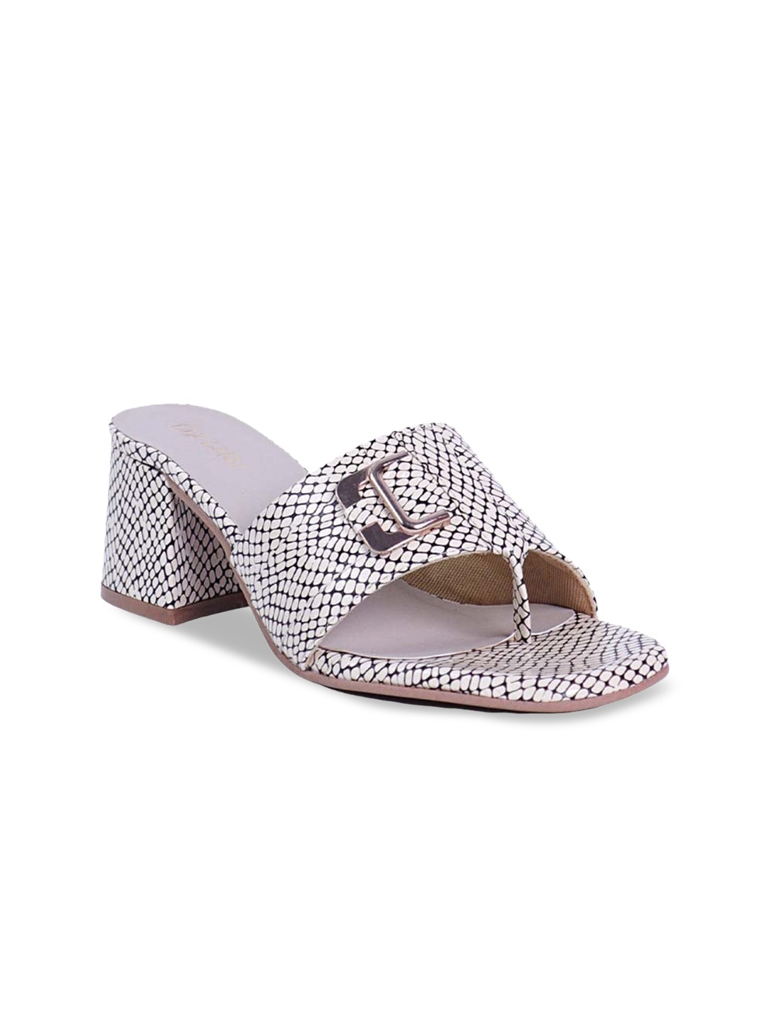 

Ozuri Printed Buckle Detail Open toe Block Heels, Beige