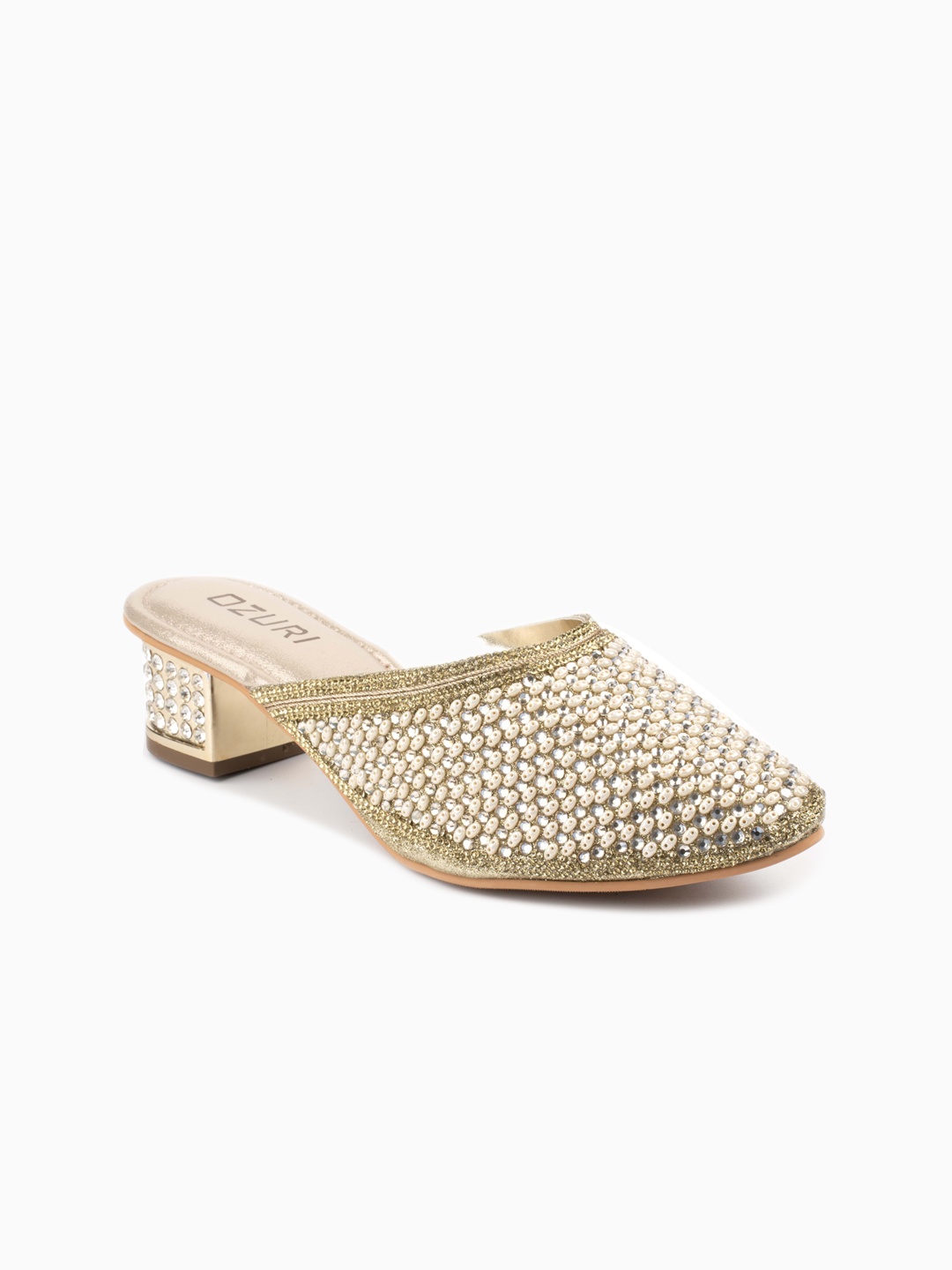 

Ozuri Embellished Pointed Toe Block Heeled Mules, Gold