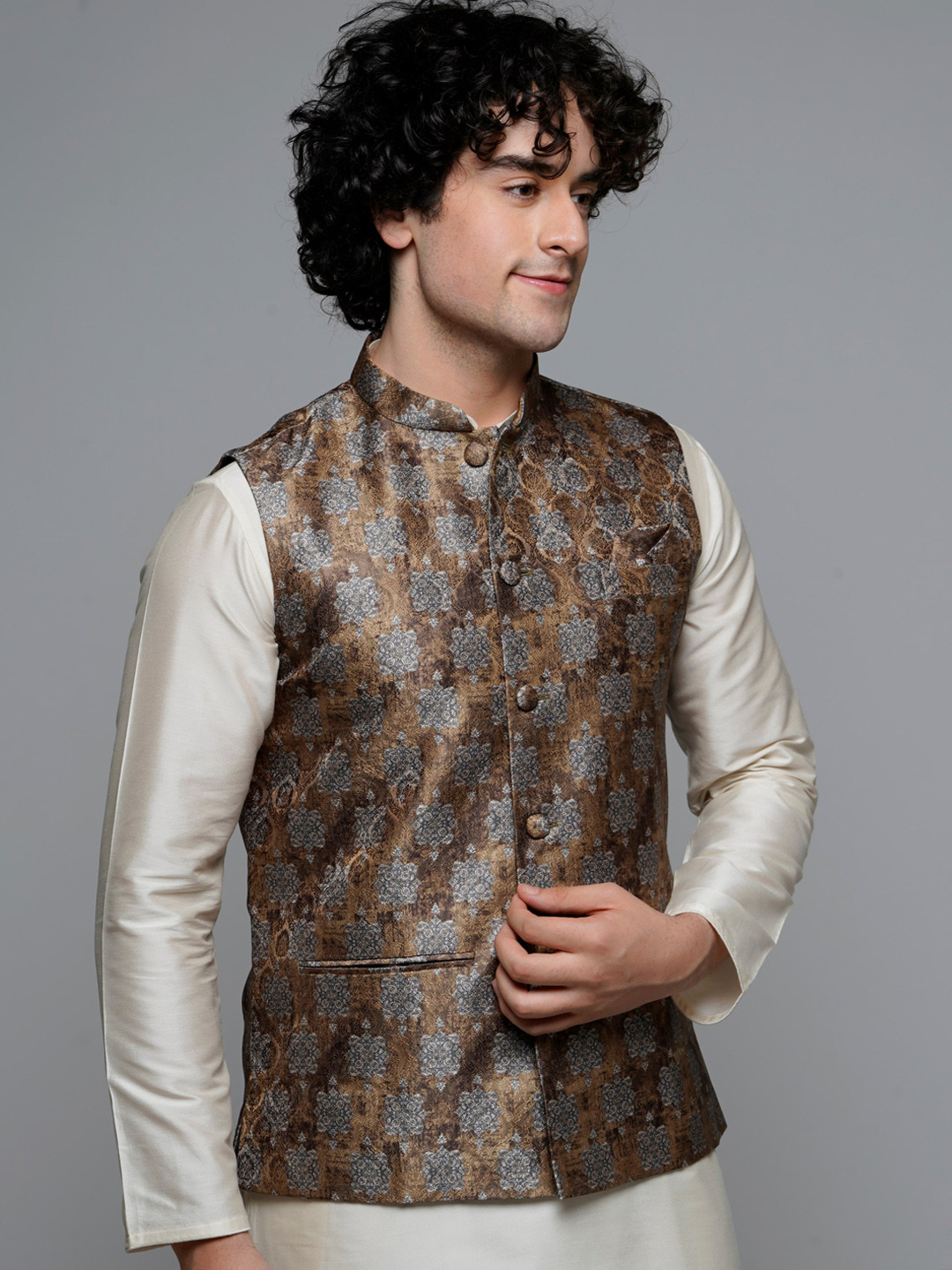 

MAAHI FABS Regular Cotton Kurta With Churidar & Printed Nehru Jacket, Brown