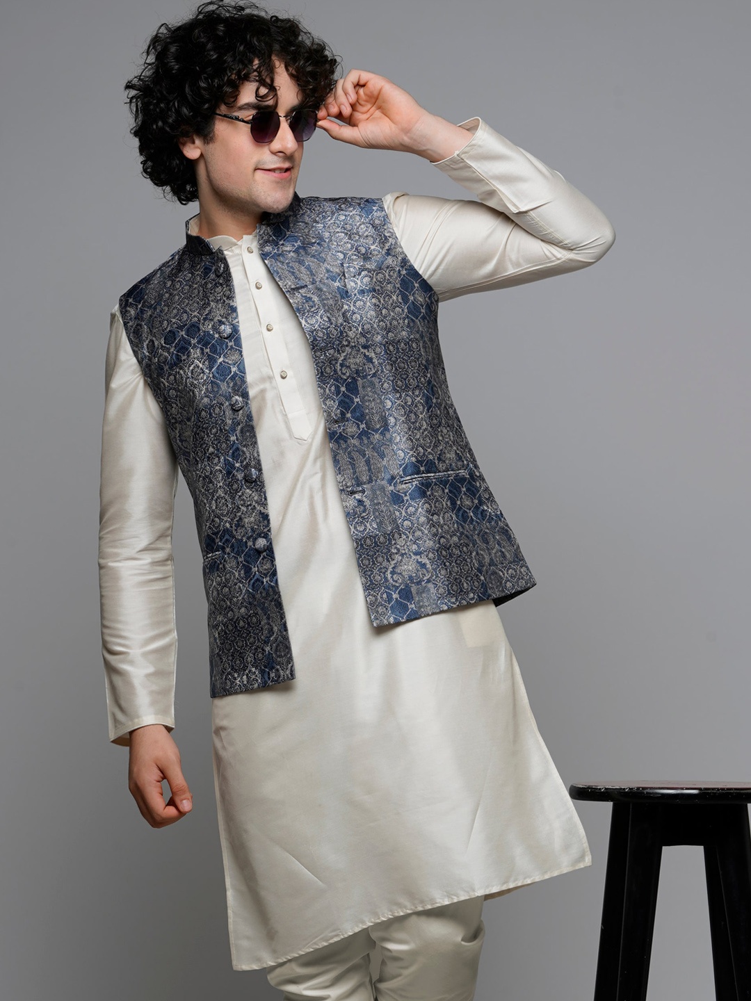 

MAAHI FABS Regular Cotton Kurta With Churidar & Printed Nehru Jacket, White