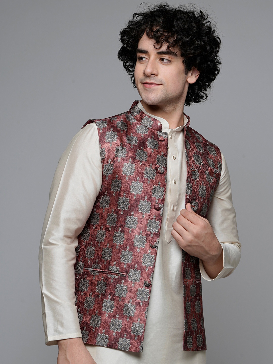 

MAAHI FABS Regular Cotton Kurta With Churidar & Printed Nehru Jacket, Cream