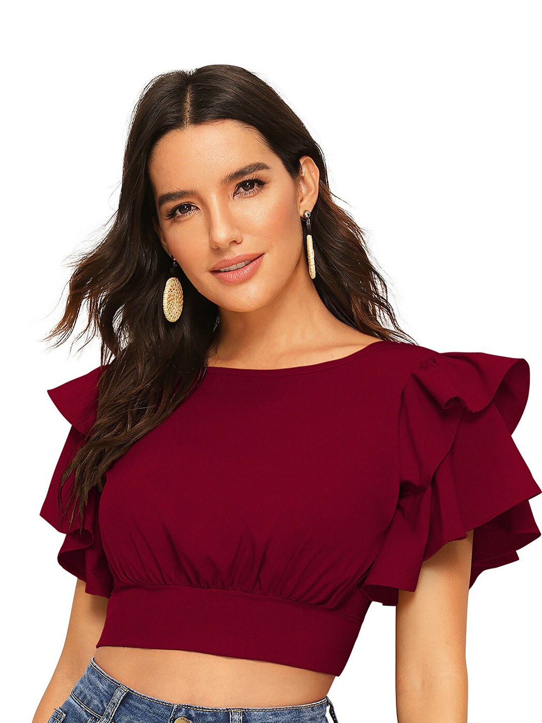 

ODETTE Flutter Sleeves Fitted Acrylic Crop Top, Maroon