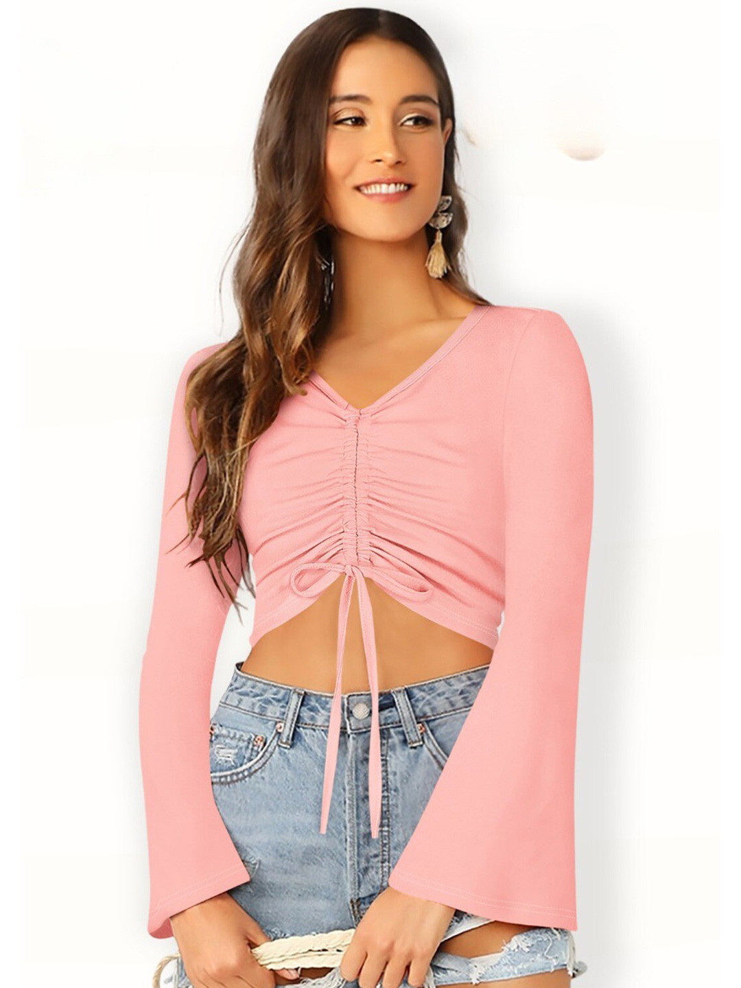

ODETTE V-Neck Long Sleeves Acrylic Crop Top, Peach
