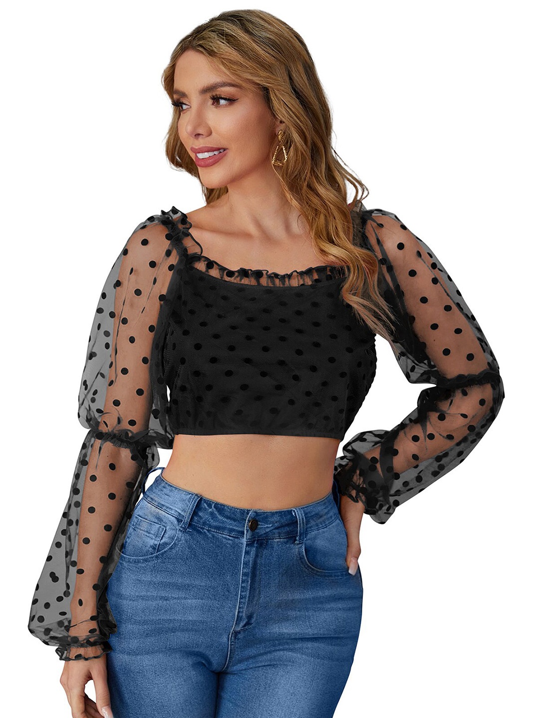 

ODETTE Polka Dot Printed Square Neck Puff Sleeves Crop Top, Black