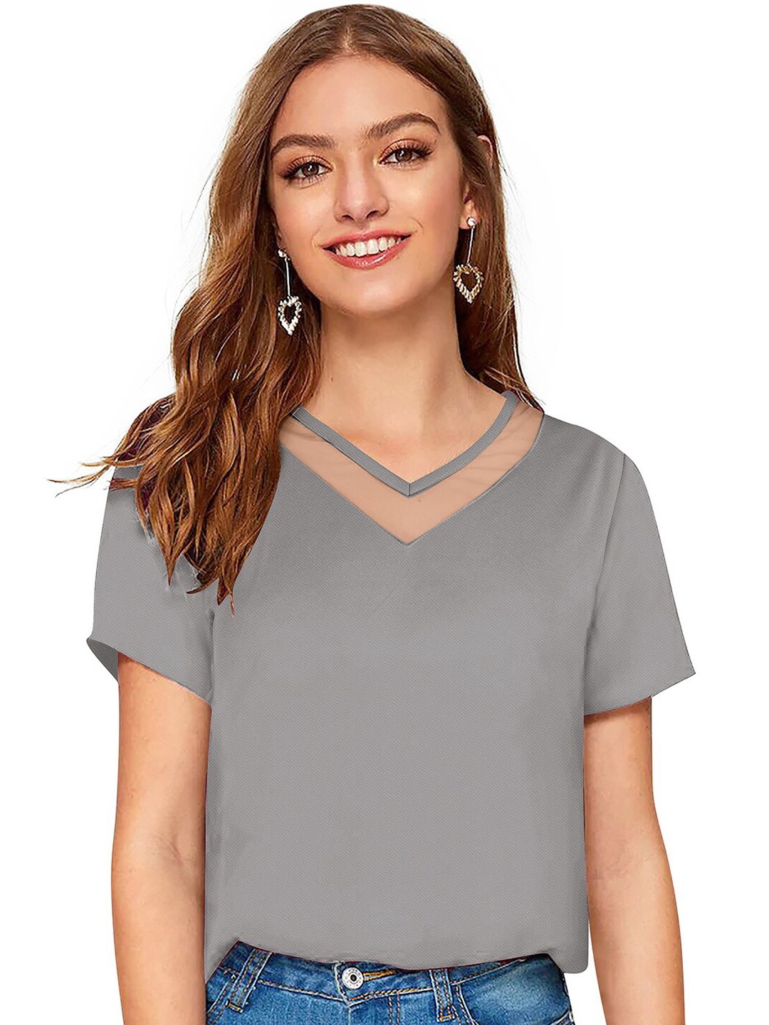 

ODETTE V neck Short Sleeves Regular Top, Grey