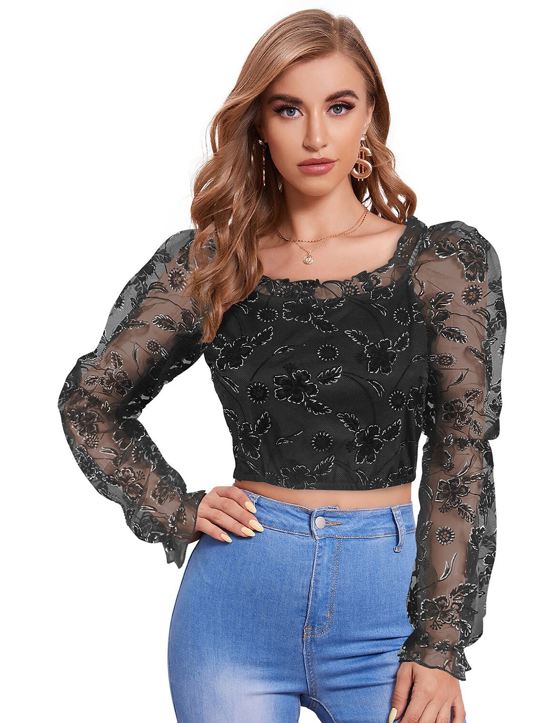 

ODETTE Floral Printed Bishop Sleeves Acrylic Crop Top, Black