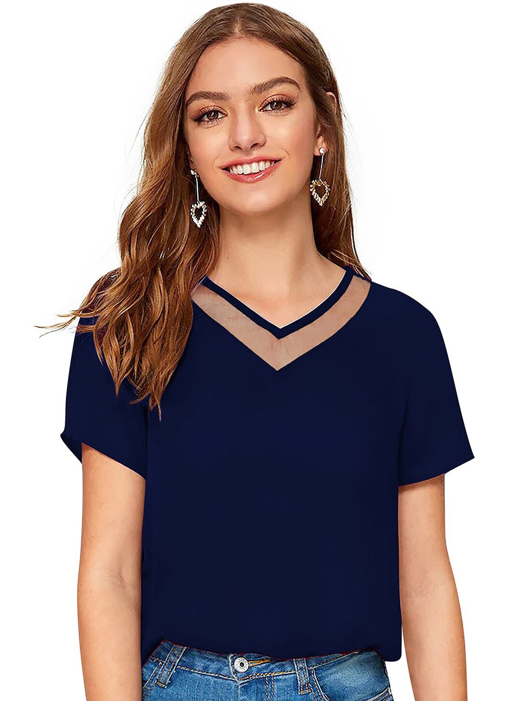 

ODETTE V-Neck Short Sleeves Acrylic Top, Blue