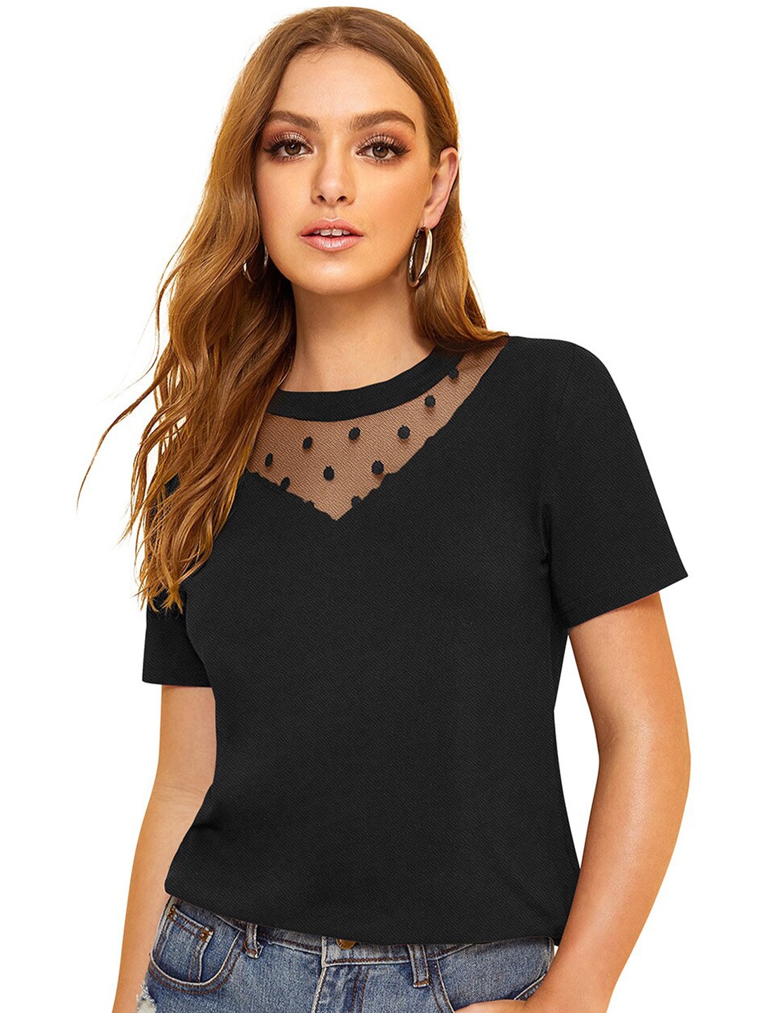 

ODETTE Round Neck Short Sleeves Regular Top, Black