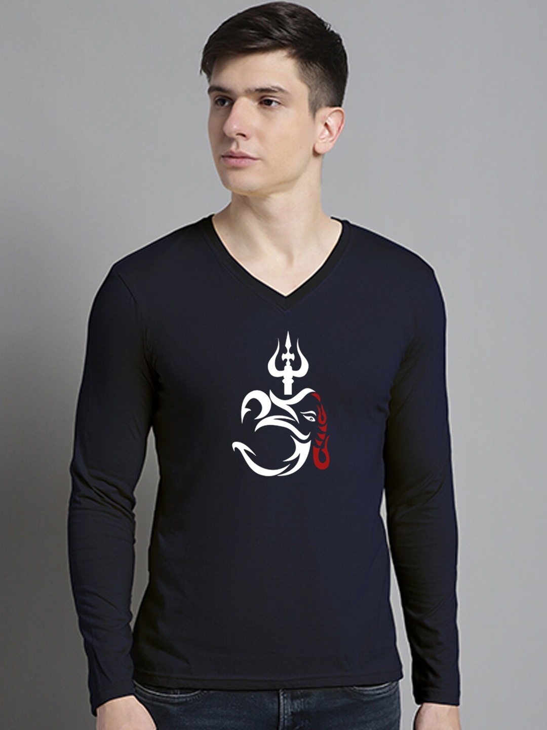 

FBAR Om Trishul Ganesha Printed V-Neck Slim Fit Pure Cotton T-shirt, Navy blue