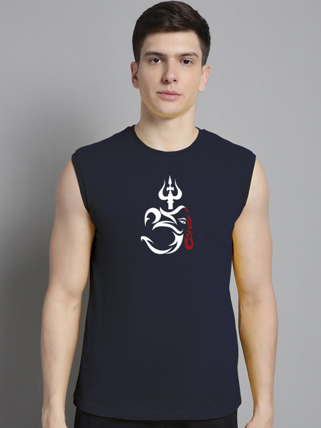 

FBAR Om Trishul Ganesha Printed Slim Fit Cotton T-shirt, Navy blue
