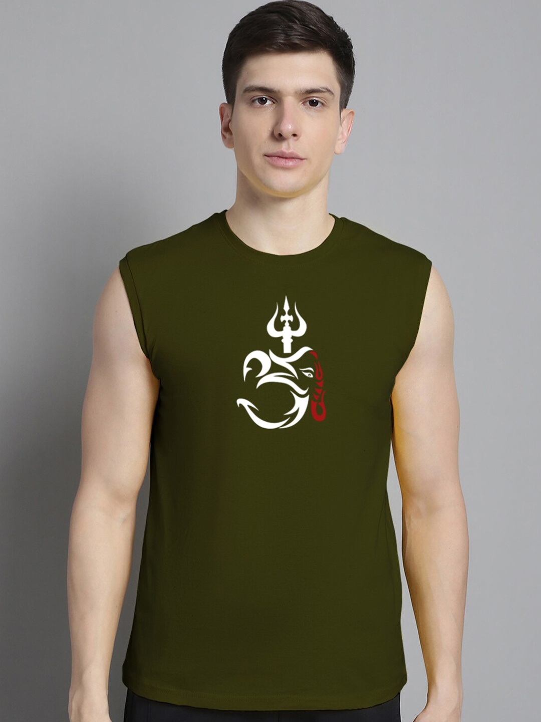 

FBAR Graphic Printed Sleeveless Round Neck Raw Edge Slim Fit Cotton Casual T-shirt, Olive