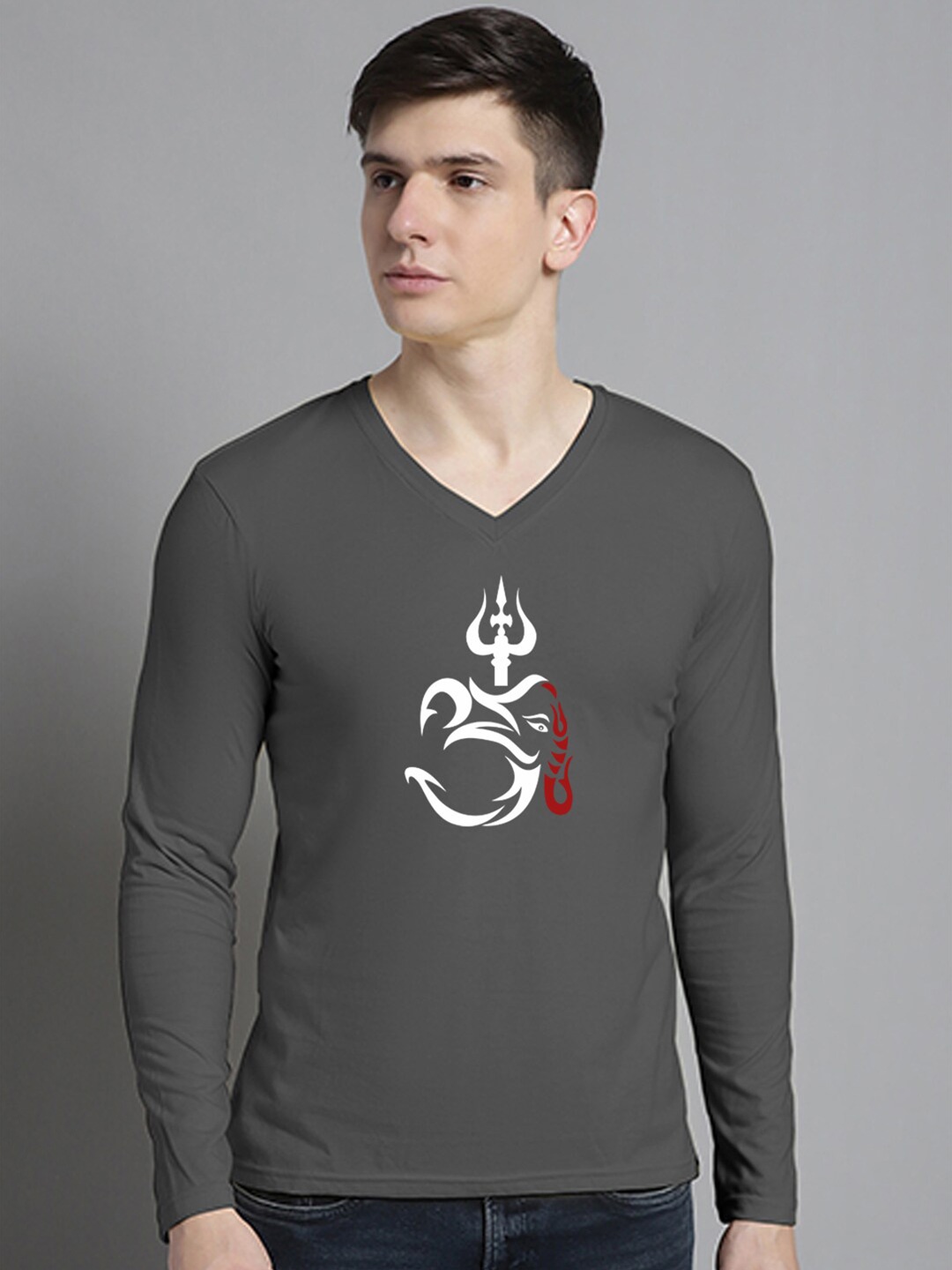 

FBAR Om Trishul Ganesha Printed V-Neck Slim Fit Cotton T-shirt, Grey