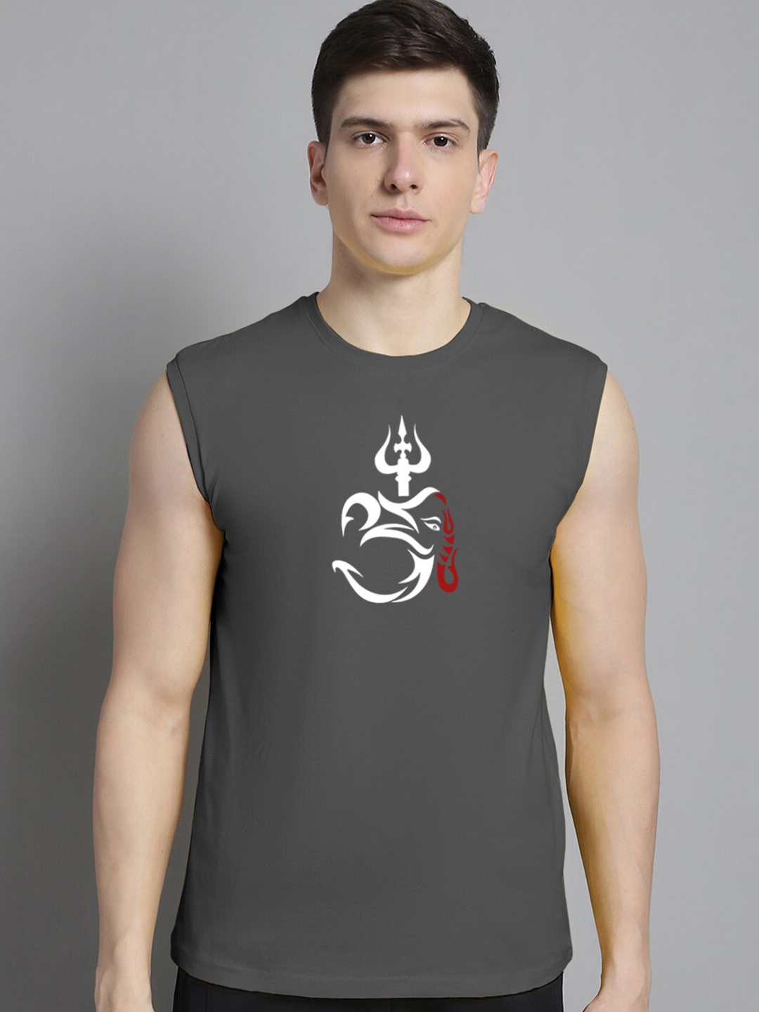

FBAR Graphic Printed Sleeveless Round Neck Raw Edge Slim Fit Cotton Casual T-shirt, Grey