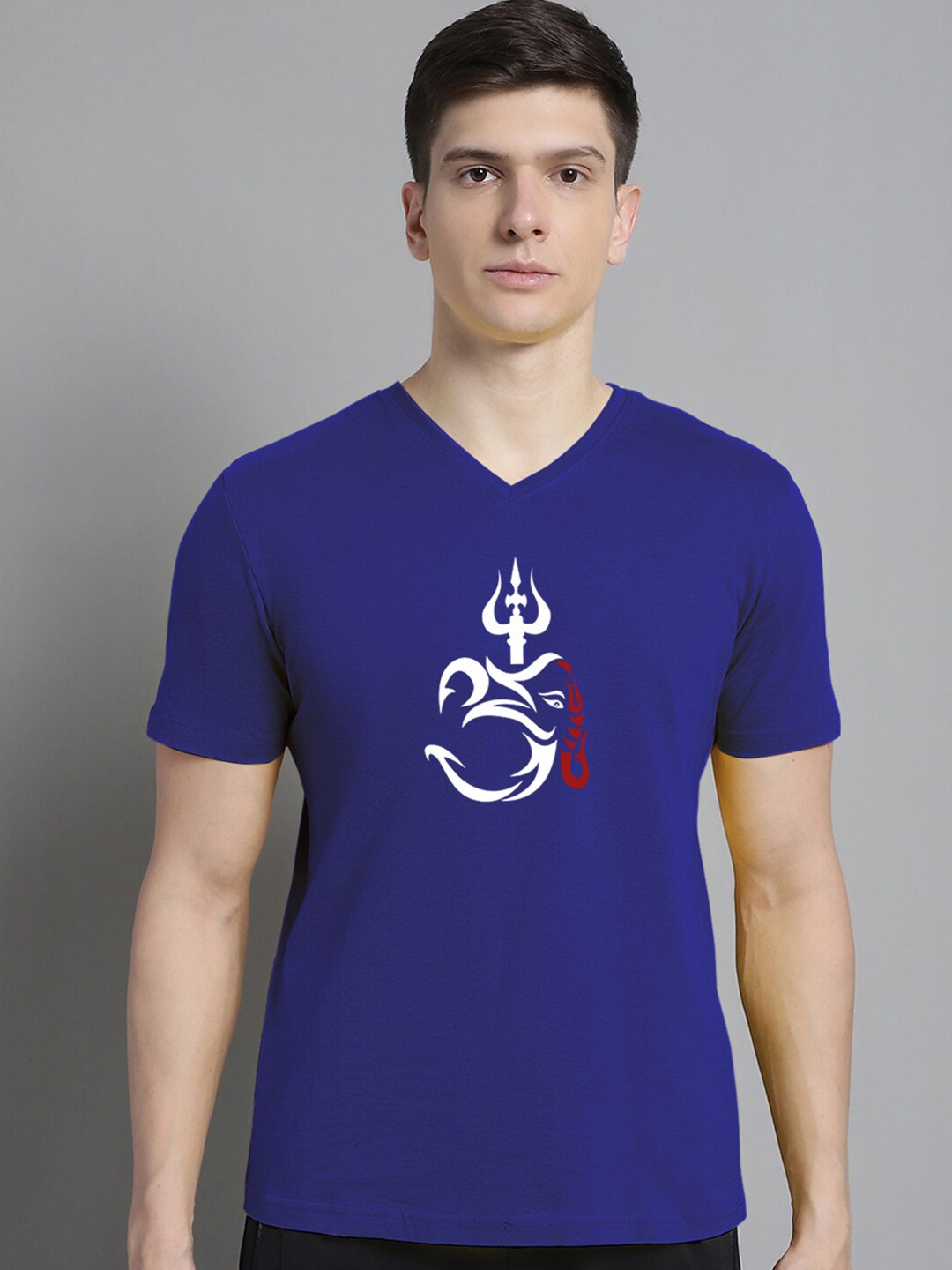 FBAR Graphic Printed V-Neck Raw Edge Slim Fit Cotton Casual T-shirt, Blue